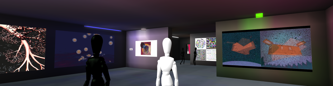 Avatars viewing digital artworks inside the CAS Online Gallery Voxels Space